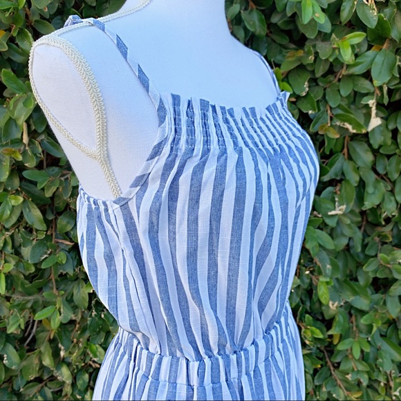 Wide Leg Linen Blue and White Striped Jumpsuit - Picture 4 of 6